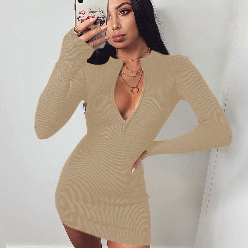 Damen Knit Kleid mit tiefem V-Ausschnitt und langen Ärmeln Stalluxe