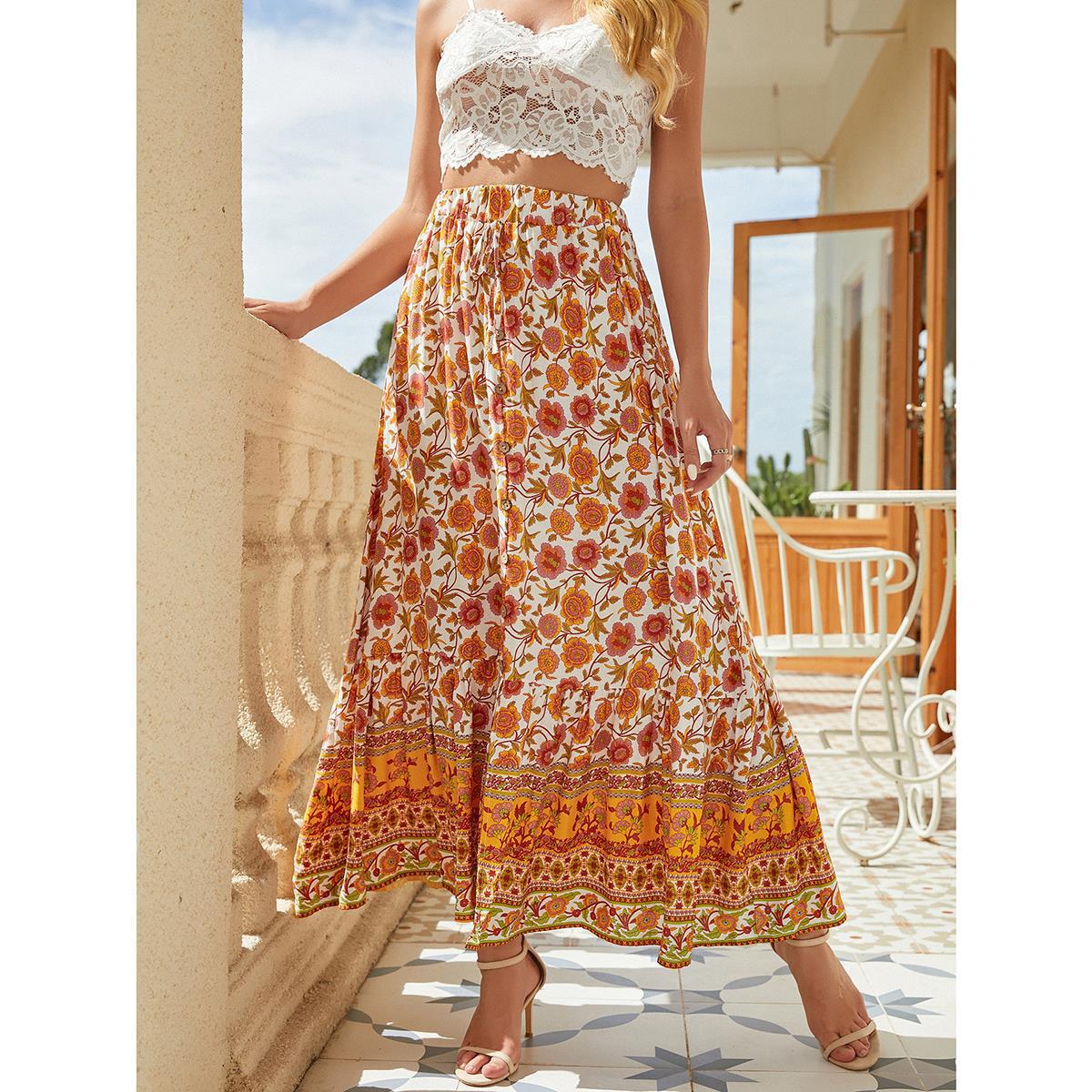 Damen Maxirock mit floralem Design und hoher Taille Stalluxe