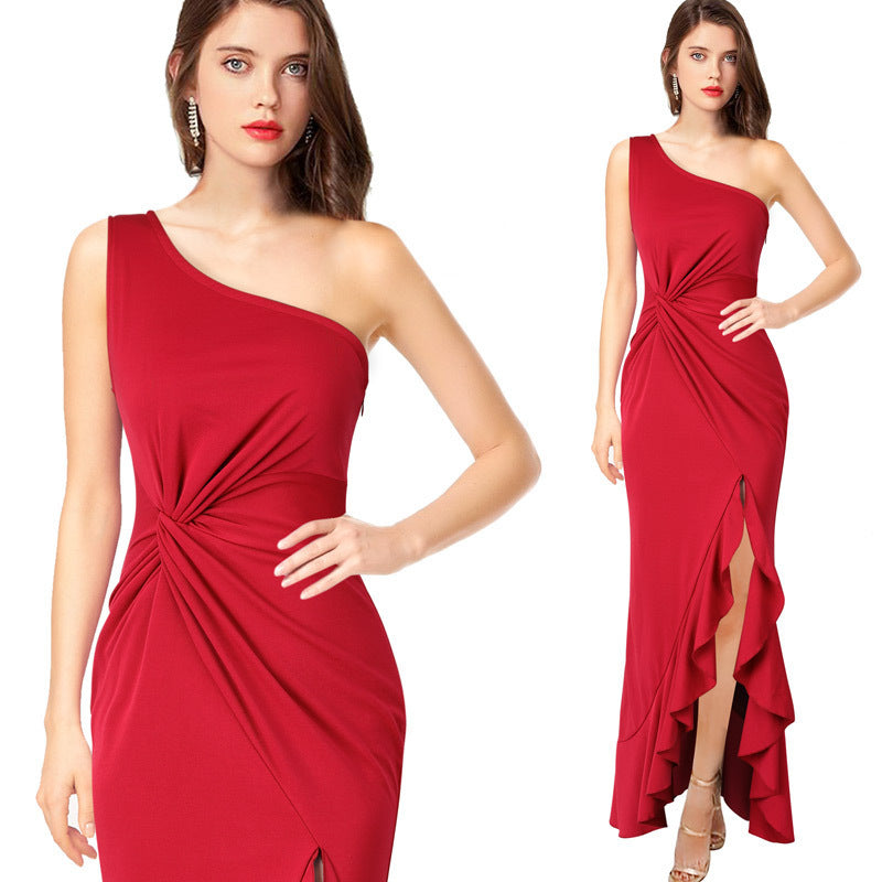 Damen Maxikleid mit asymmetrischem Ausschnitt und elegantem Raffdesign Stalluxe