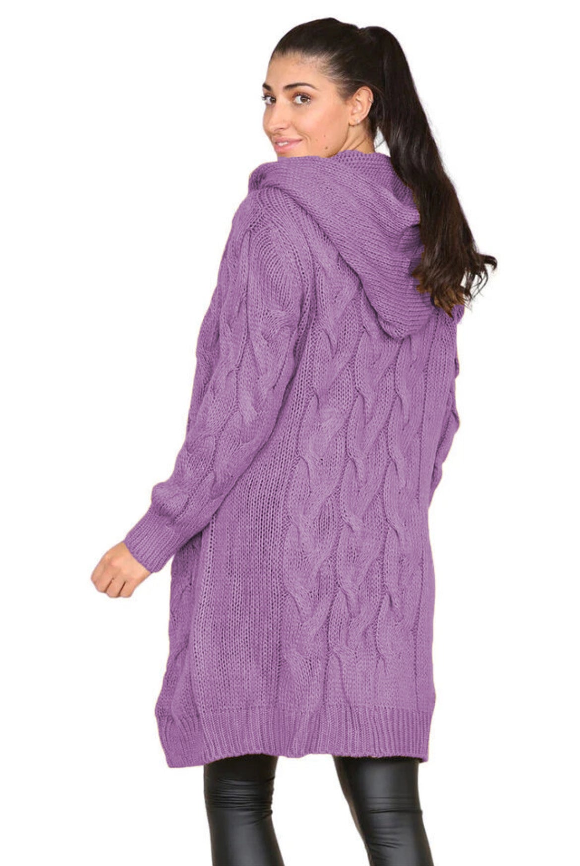 Damen Langer Strickmantel mit elegantem Zopfmuster und Kapuze Stalluxe