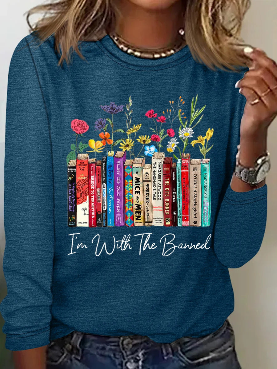 Damen Langarmshirt mit Bücher- und Blumenmotiv Stalluxe