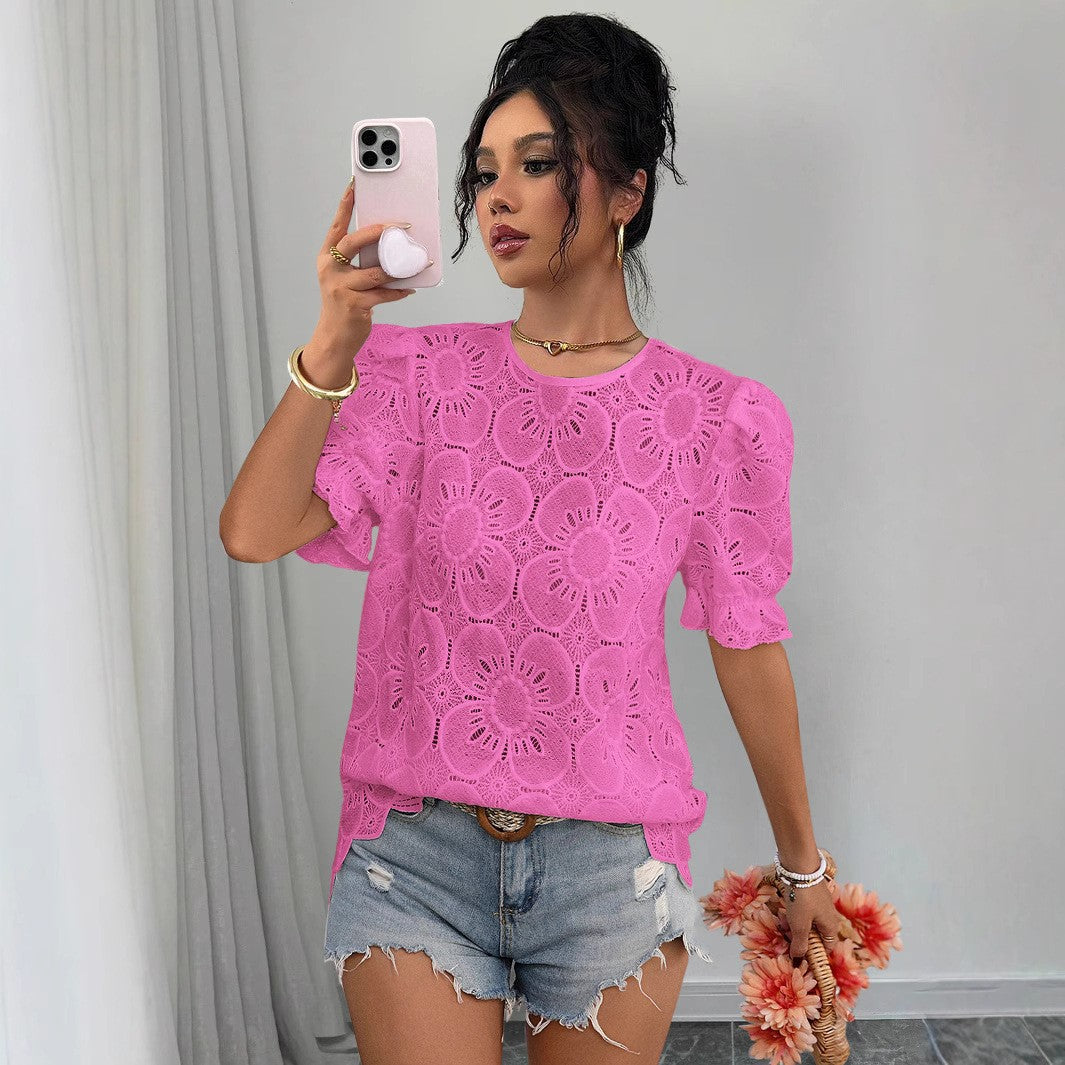 Damen Spitzenbluse mit Blumenspitze und elastischen Puffärmeln Stalluxe