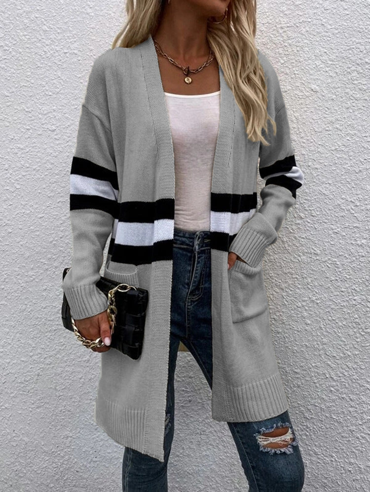 Damen Offene Strickjacke mit modernem Streifenmuster und praktischen Taschen Stalluxe