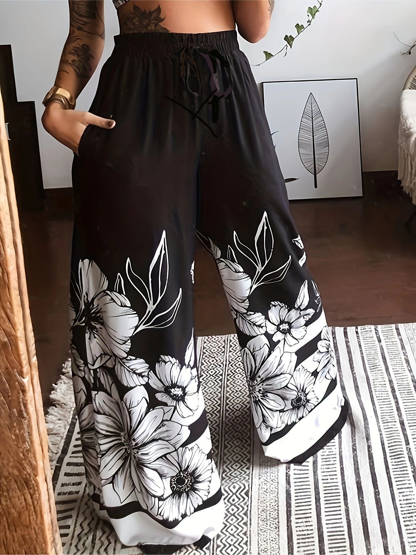 Damen Plissee-Hose mit floralem Muster und elastischem Bund Stalluxe
