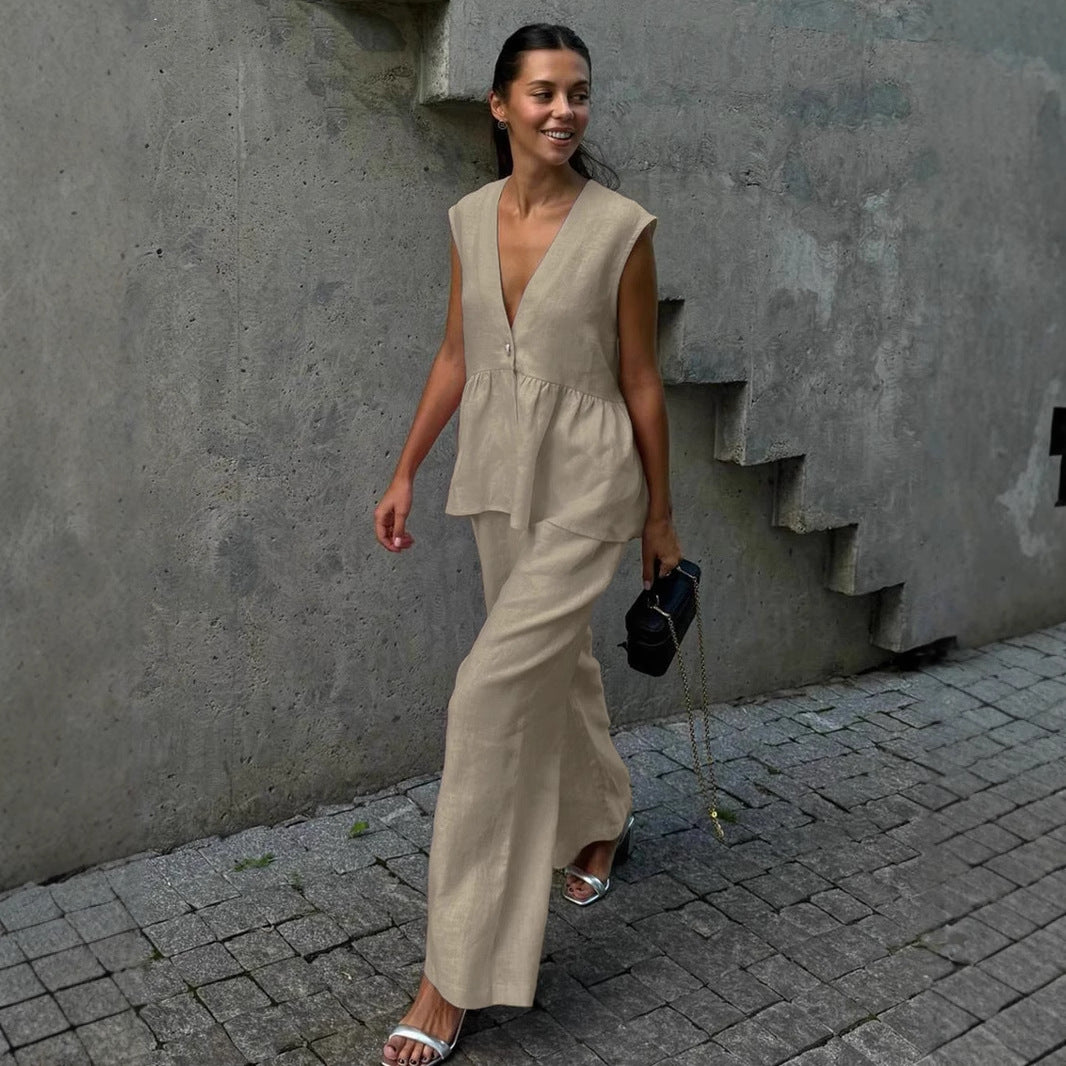 Damen luftige Leinenbluse und weite Hose Stalluxe