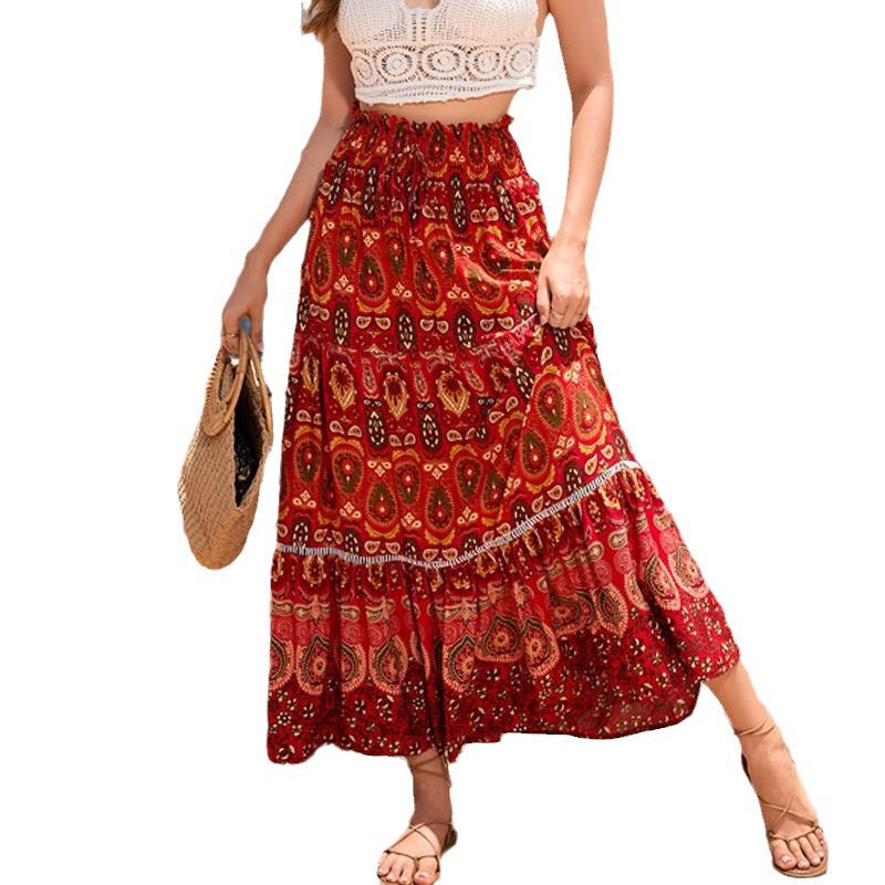 Damen Maxirock im bunten Paisley-Design mit Volant und elastischem Bund Stalluxe