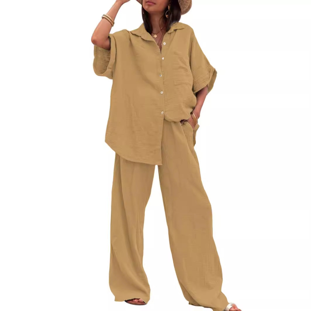 Damen luftiges Oversize-Hemd und weite Hose Set Stalluxe