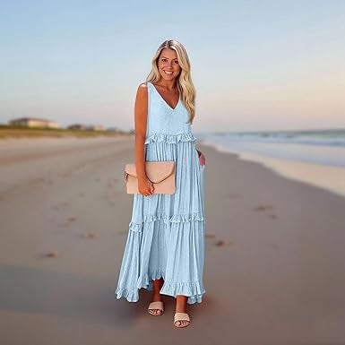 Damen Maxi-Kleid mit V-Ausschnitt und voluminösem Saum Stalluxe