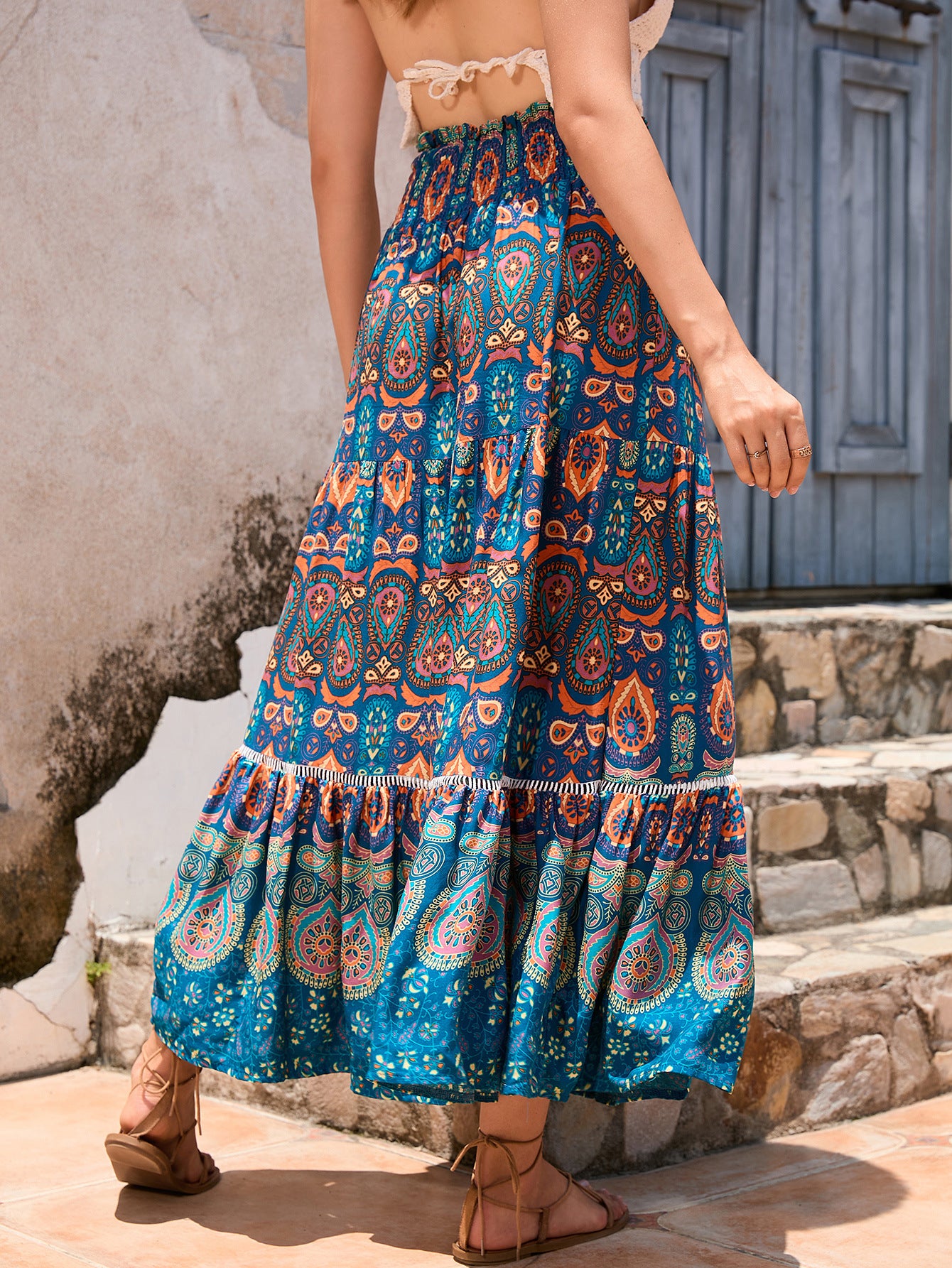 Damen Maxirock im bunten Paisley-Design mit Volant und elastischem Bund Stalluxe