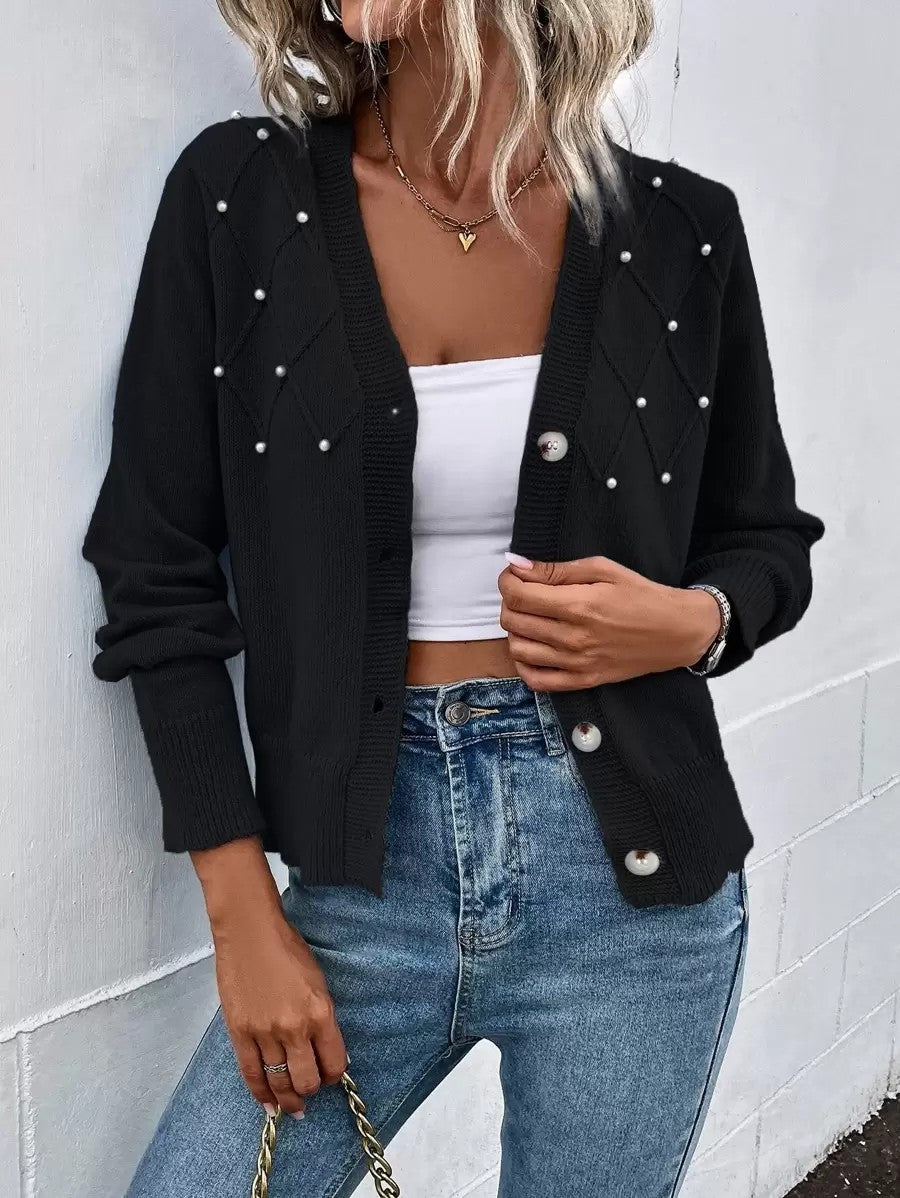 Damen Strickjacke mit Perlenverzierung und V-Ausschnitt Stalluxe