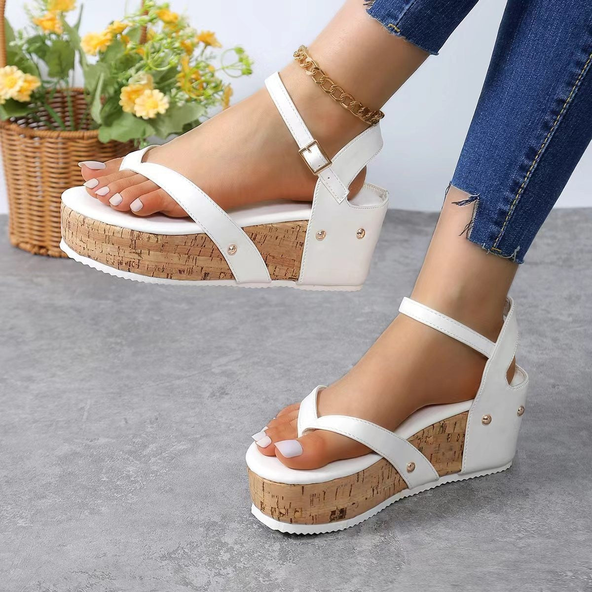 Damen Keil-Sandalen mit elastischem Riemendesign und korkähnlicher Sohle Stalluxe