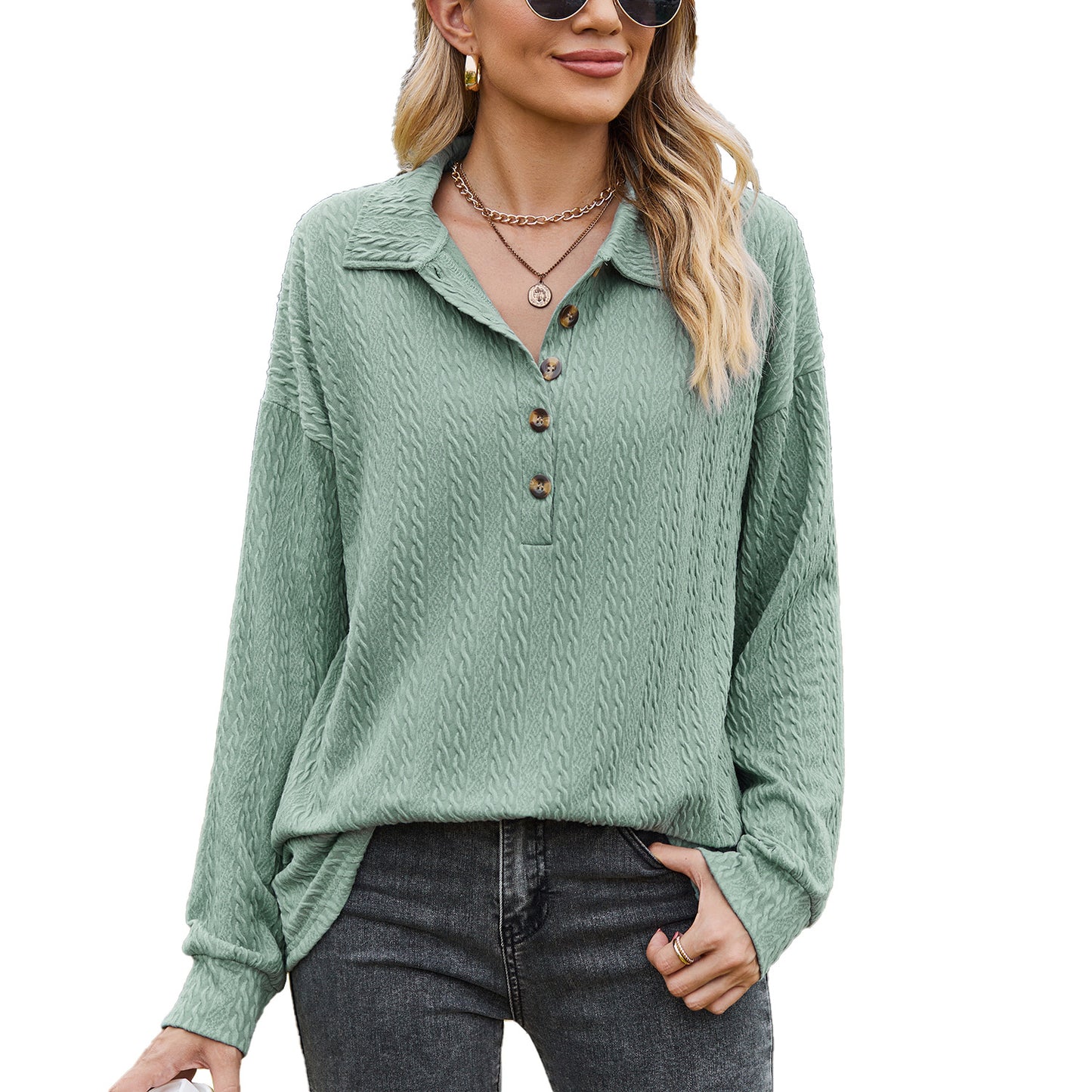 Damen Langarmshirt mit strukturiertem Kabelstrick und modischem Kragen Stalluxe