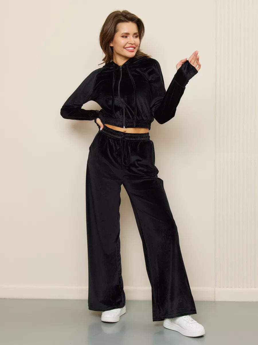 Damen luxuriöser Velours-Hoodie und weite Hose Set Stalluxe