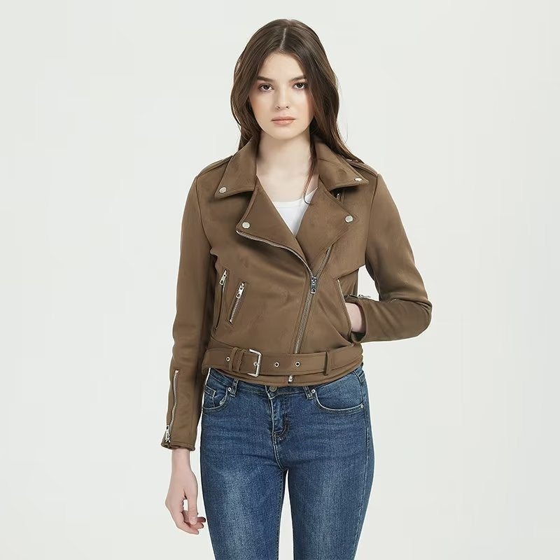 Damen stylische Bikerjacke im eleganten Wildleder-Look mit praktischen Taschen Stalluxe