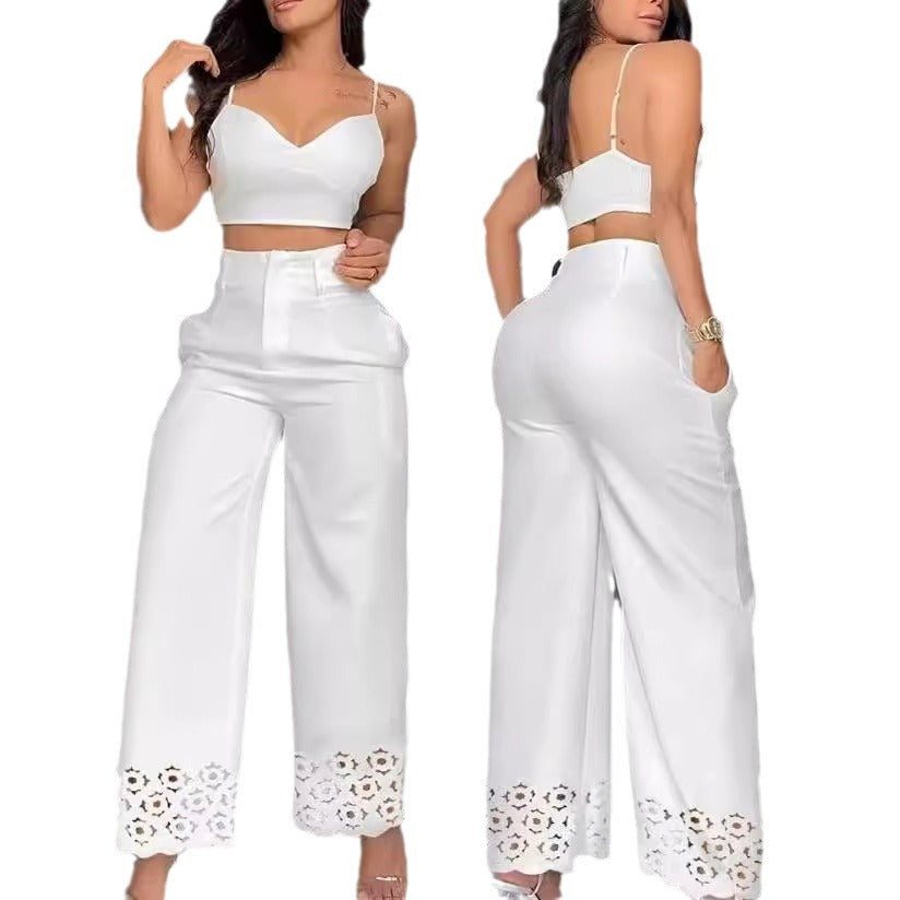 Damen Zweiteiliges Set aus Crop-Top und weiter Hose mit Spitzenbordüre Stalluxe