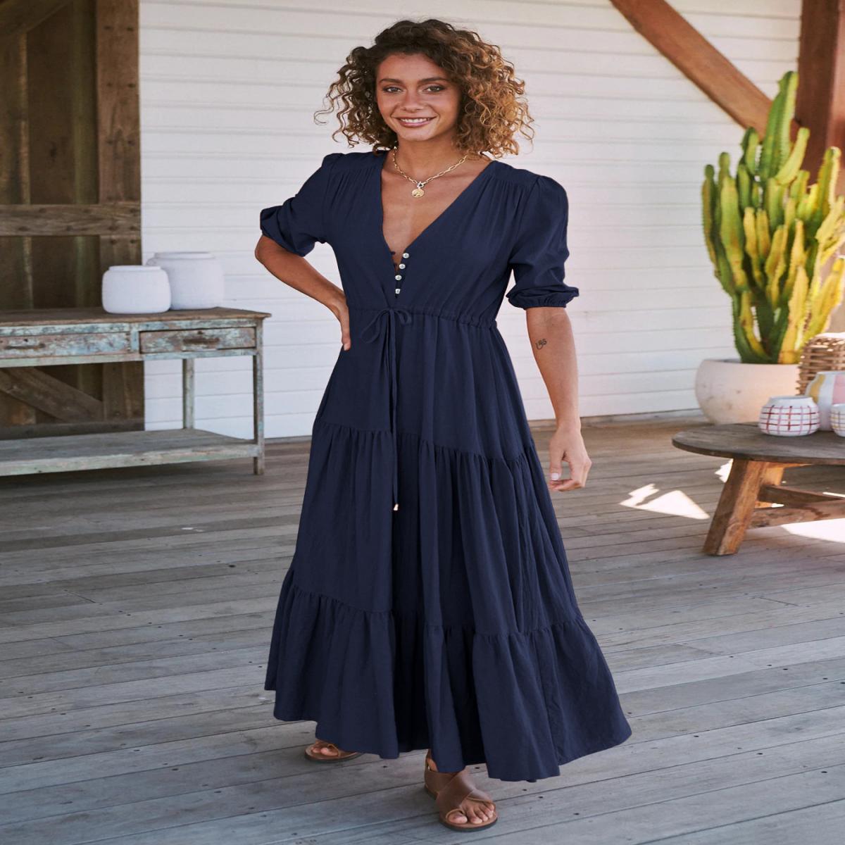 Damen Maxi Kleid mit V-Ausschnitt und Ballonärmeln Stalluxe