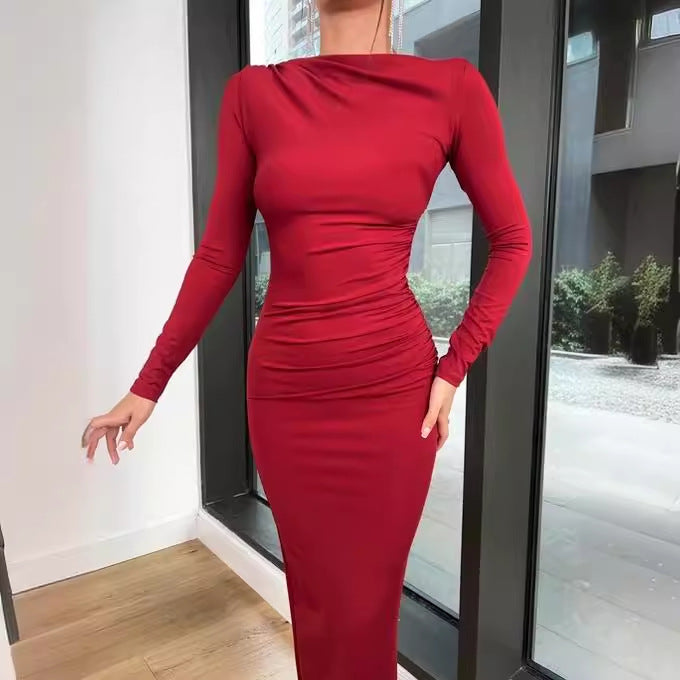 Damen Elegantes und figurbetontes Langarmkleid mit Raffungen Stalluxe