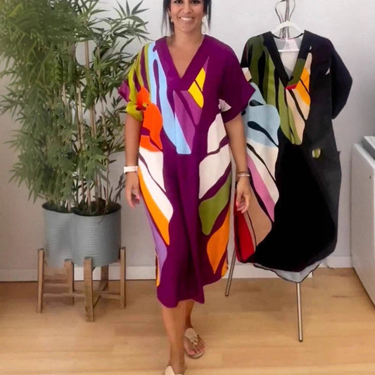 Damen lockeres Wickelkleid mit modernen Farbblockmustern und übergroßen Ärmeln Stalluxe