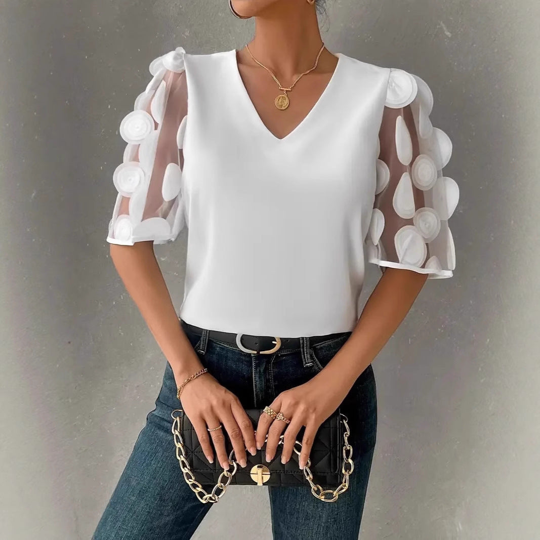 Damen Elegantes Oberteil mit transparenten Puffärmeln und V-Ausschnitt Stalluxe