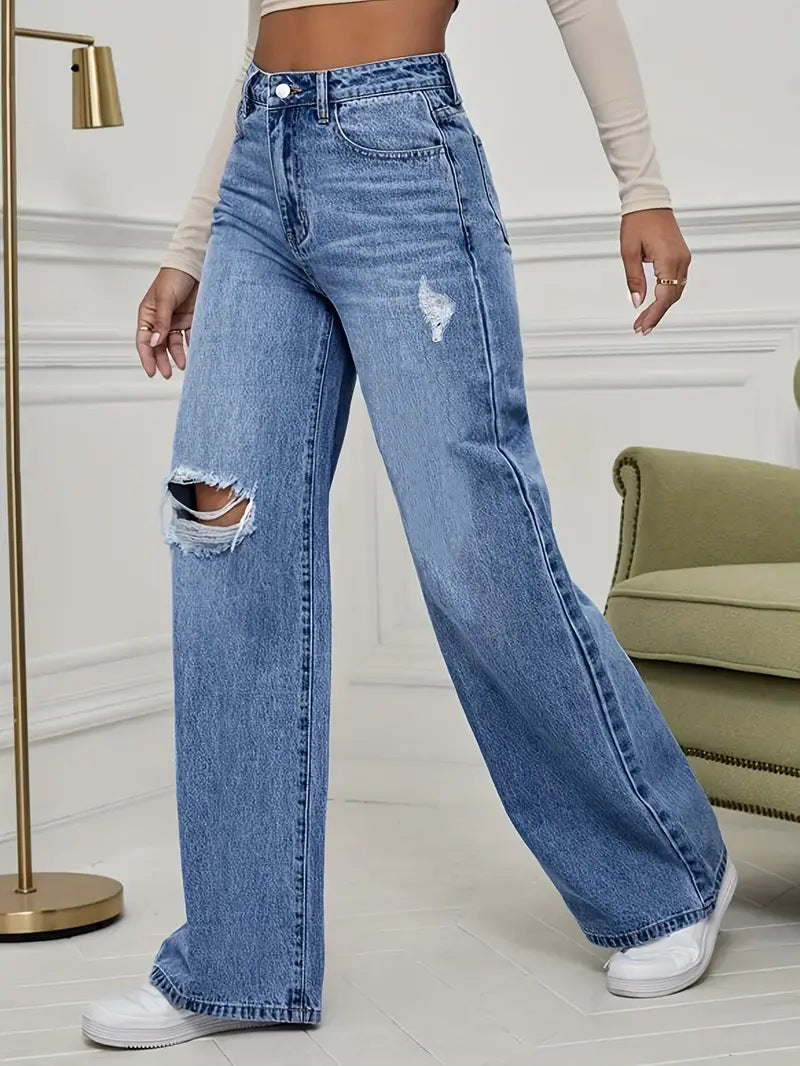 Damen Weite Jeans mit schicken Rissdetails und hohem Bund Stalluxe
