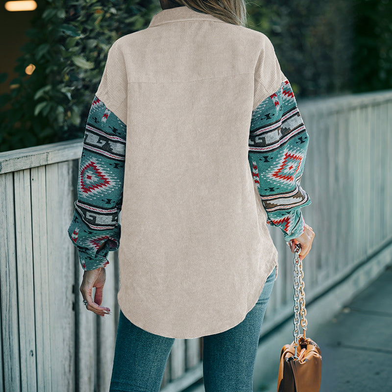 Damen Cord-Oberhemd mit farbenfrohen, bedruckten Ärmeln und Brusttasche Stalluxe