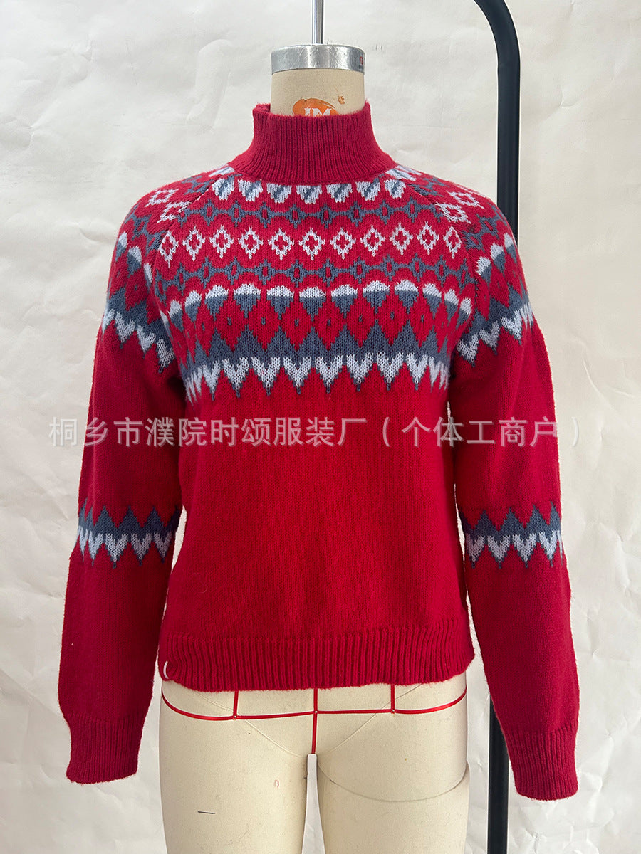 Damen Strickpullover mit hohem Kragen und winterlichem Muster Stalluxe