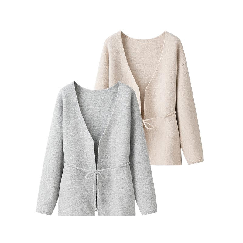 Damen lockere Strickjacke mit Taillenschnürung und weitem V-Ausschnitt Stalluxe