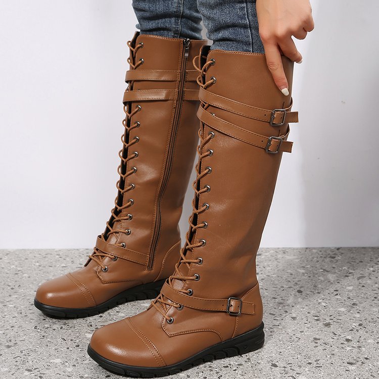 Damen Hochwertige Schnürstiefel mit modischen Riemen und robuster Sohle Stalluxe