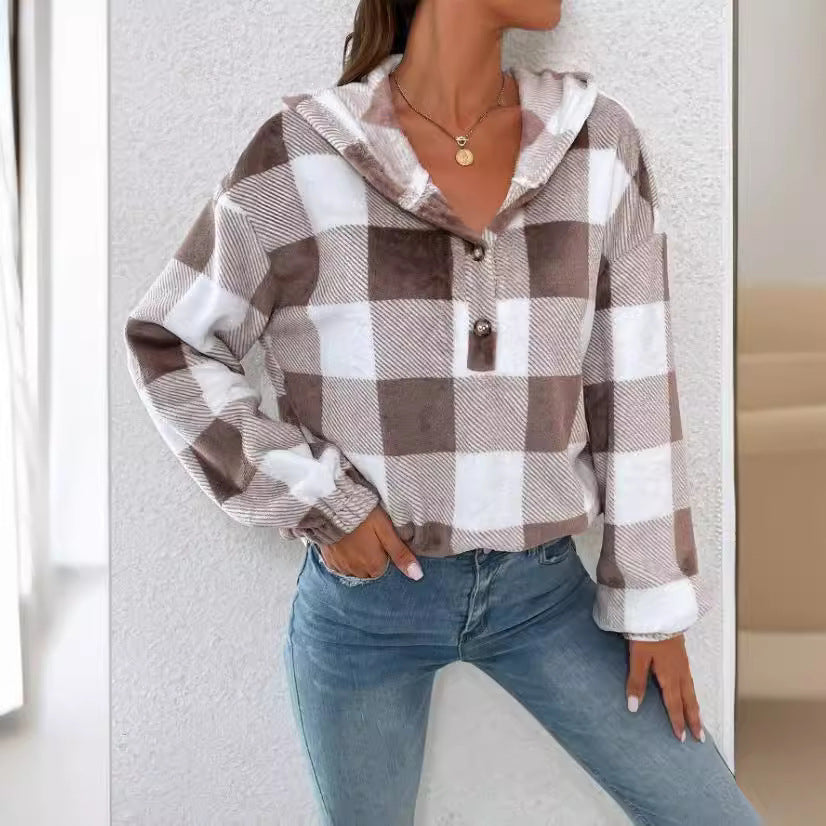 Damen Gemusterte Karo-Hoodie-Bluse Stalluxe