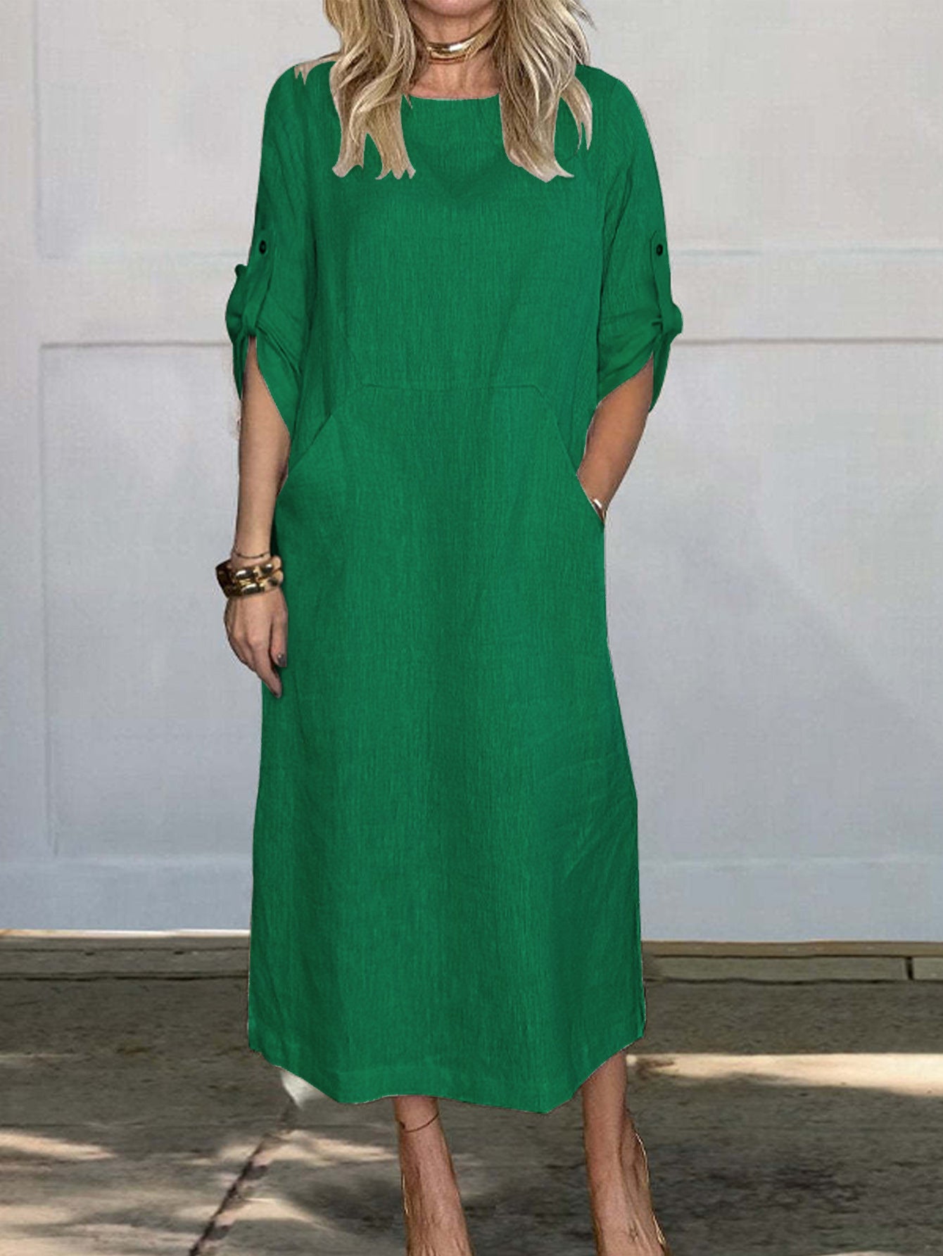 Damen luftiges Midi-Kleid mit praktischen Taschen und umschlagbaren Ärmeln Stalluxe
