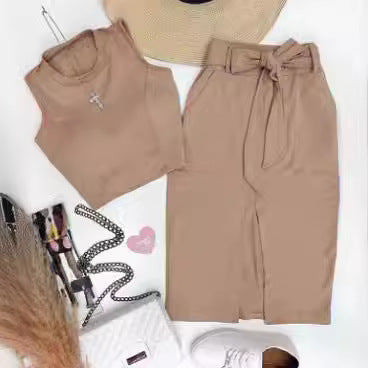Damen Set aus tailliertem Crop-Top und Hochbund-Rock mit Gürtel Stalluxe