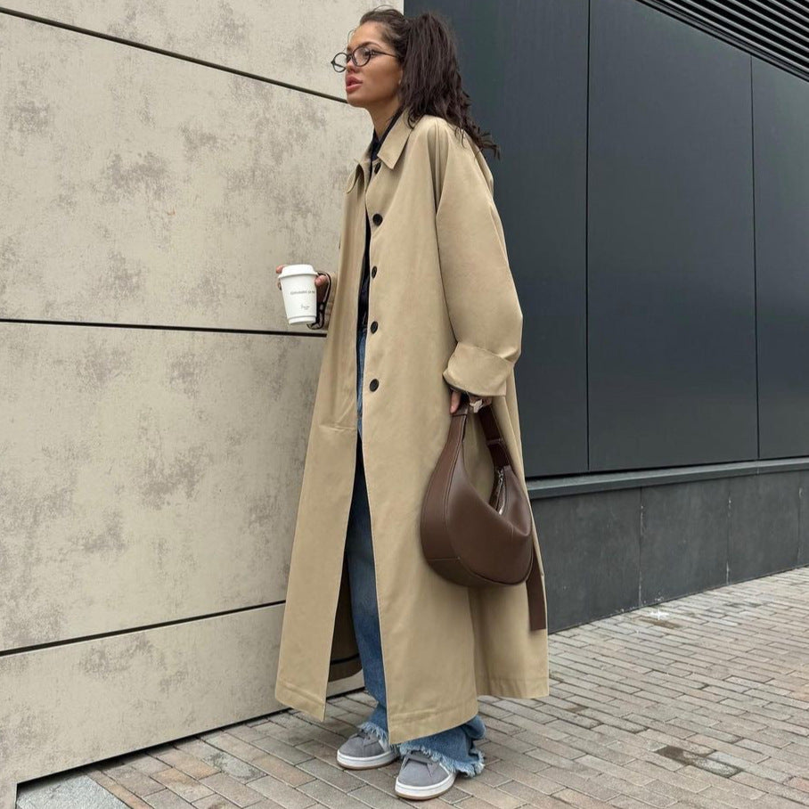 Damen Lange und elegante Trenchcoat-Jacke aus wasserabweisendem Material Stalluxe