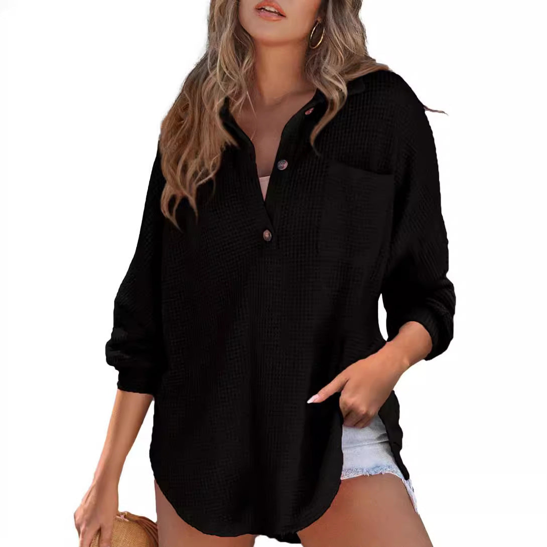 Damen lässiges Waffelshirt mit Knopfdetails und Taschen Stalluxe