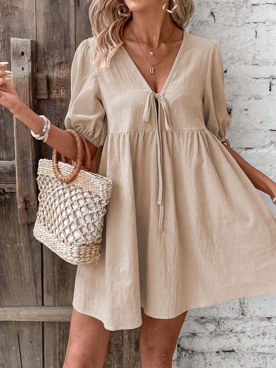 Damen luftiges Sommerkleid mit V-Ausschnitt und Raffungen Stalluxe