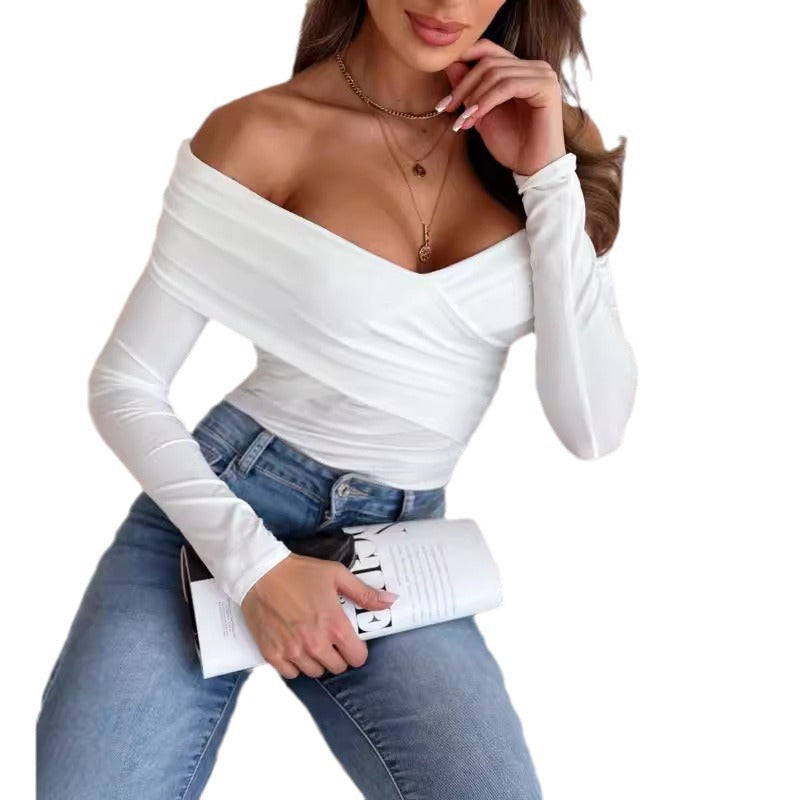 Damen schulterfreies Langarm-Oberteil mit elegantem Raffungseffekt Stalluxe