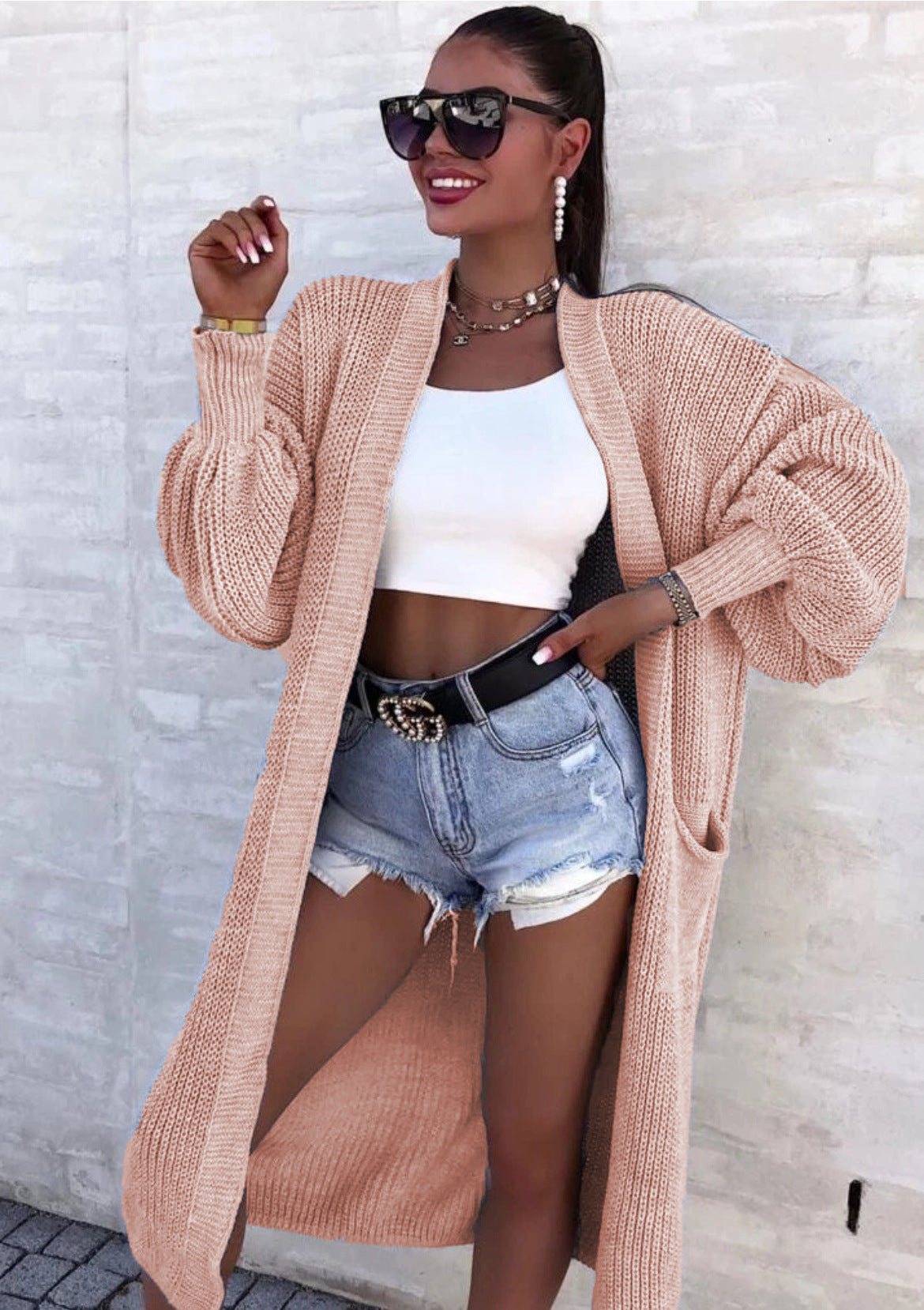Damen Langer Strickcardigan mit weiten Ärmeln und praktischen Taschen Stalluxe