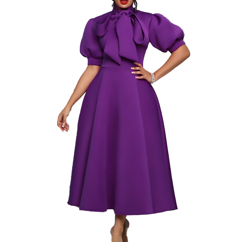 Damen elegante Maxikleid mit voluminösen Puffärmeln und Schleifenkragen Stalluxe