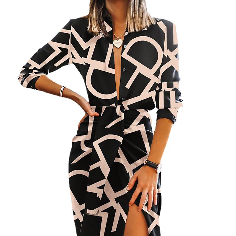 Damen Langarm Kleid mit grafischem Muster und elegantem Wickeldesign Stalluxe