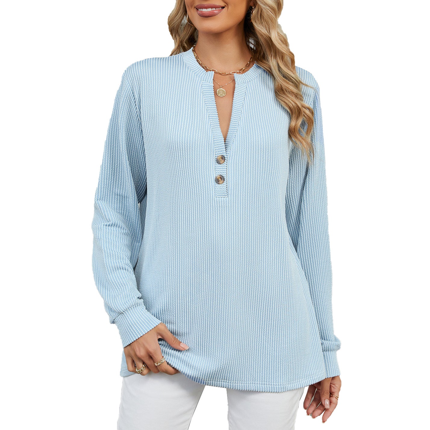 Damen Langarmshirt mit modischem Henley-Ausschnitt und strukturierter Ripptextur Stalluxe