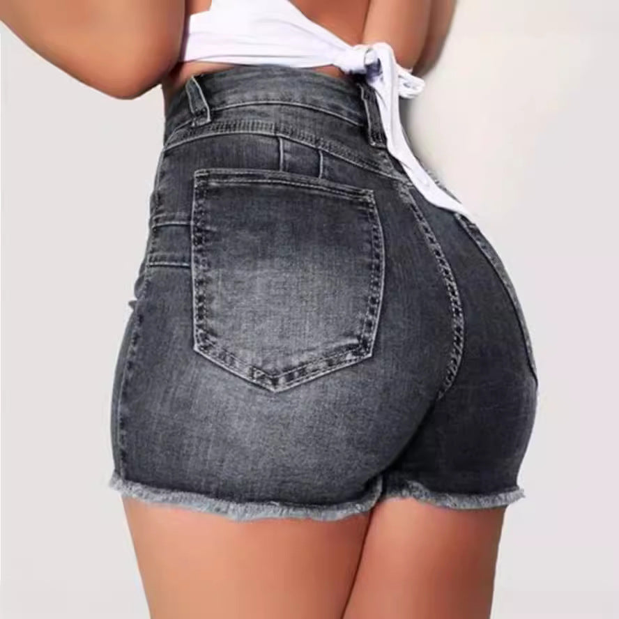 Damen Jeans-Shorts mit hohem Bund und ausgefranstem Saum Stalluxe