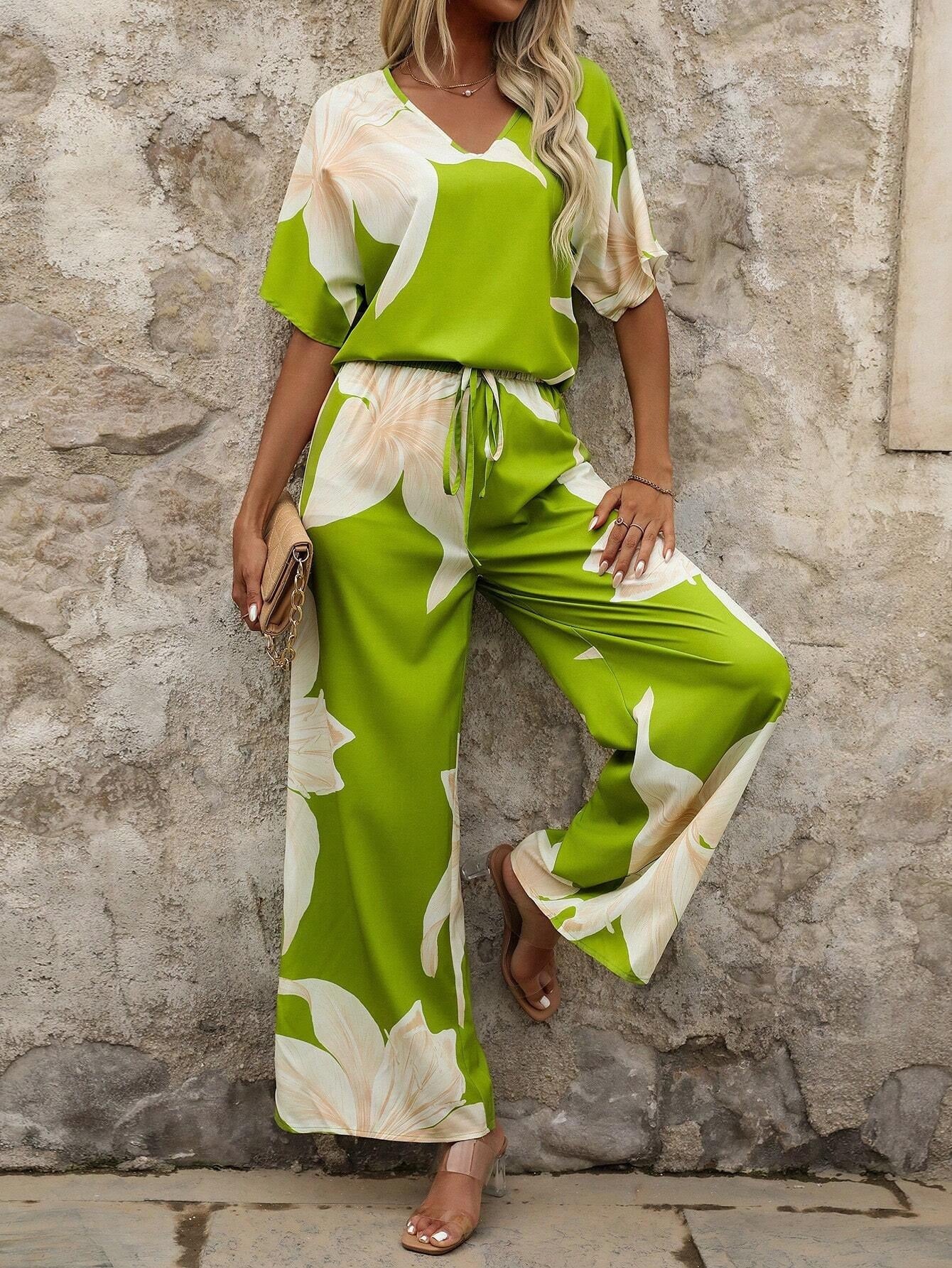 Damen Luftiges Zweiteiliges Set mit floralem Design und weitem Schnitt Stalluxe