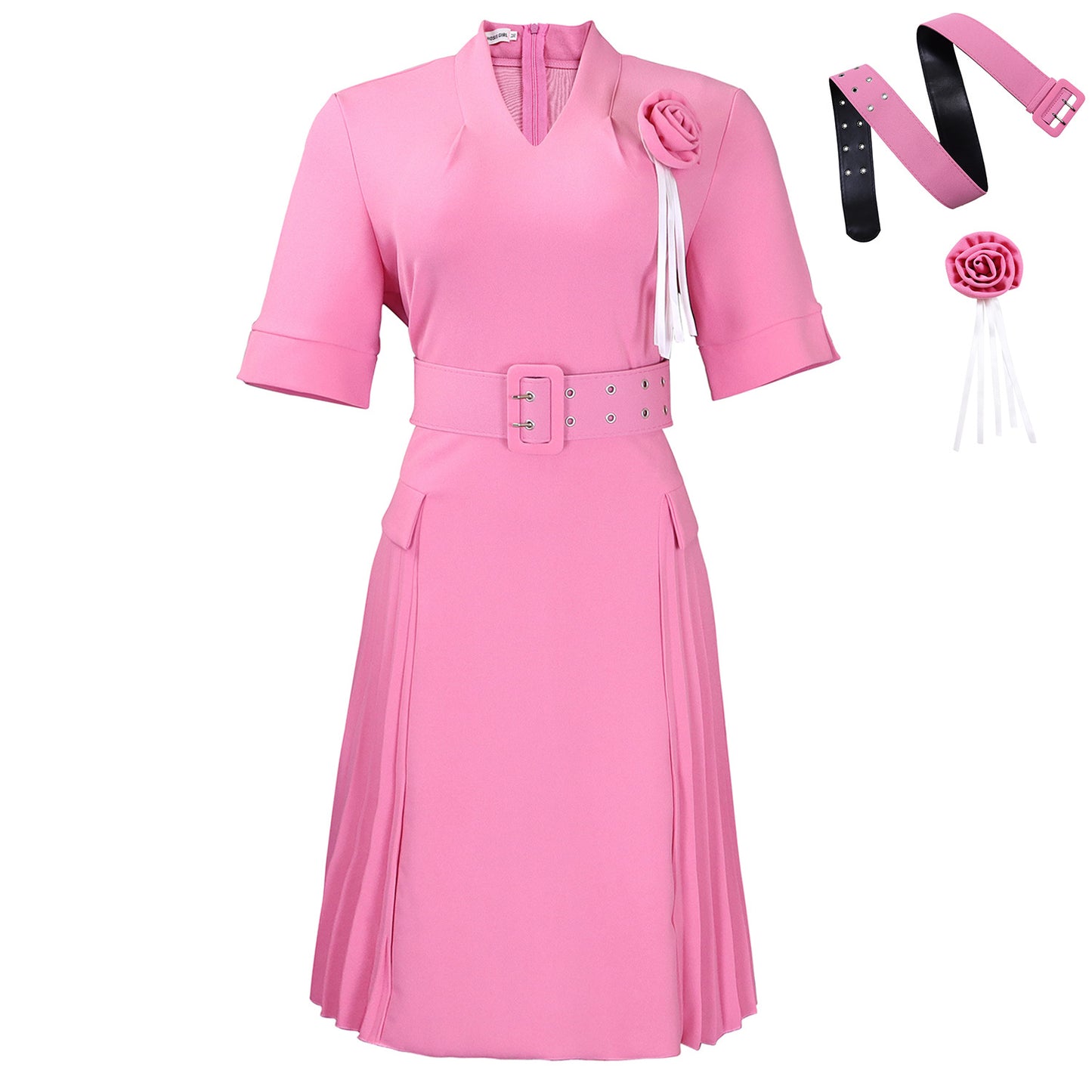 Damen Plissee-Kleid mit Taillengürtel und modischen Blumenakzenten Stalluxe