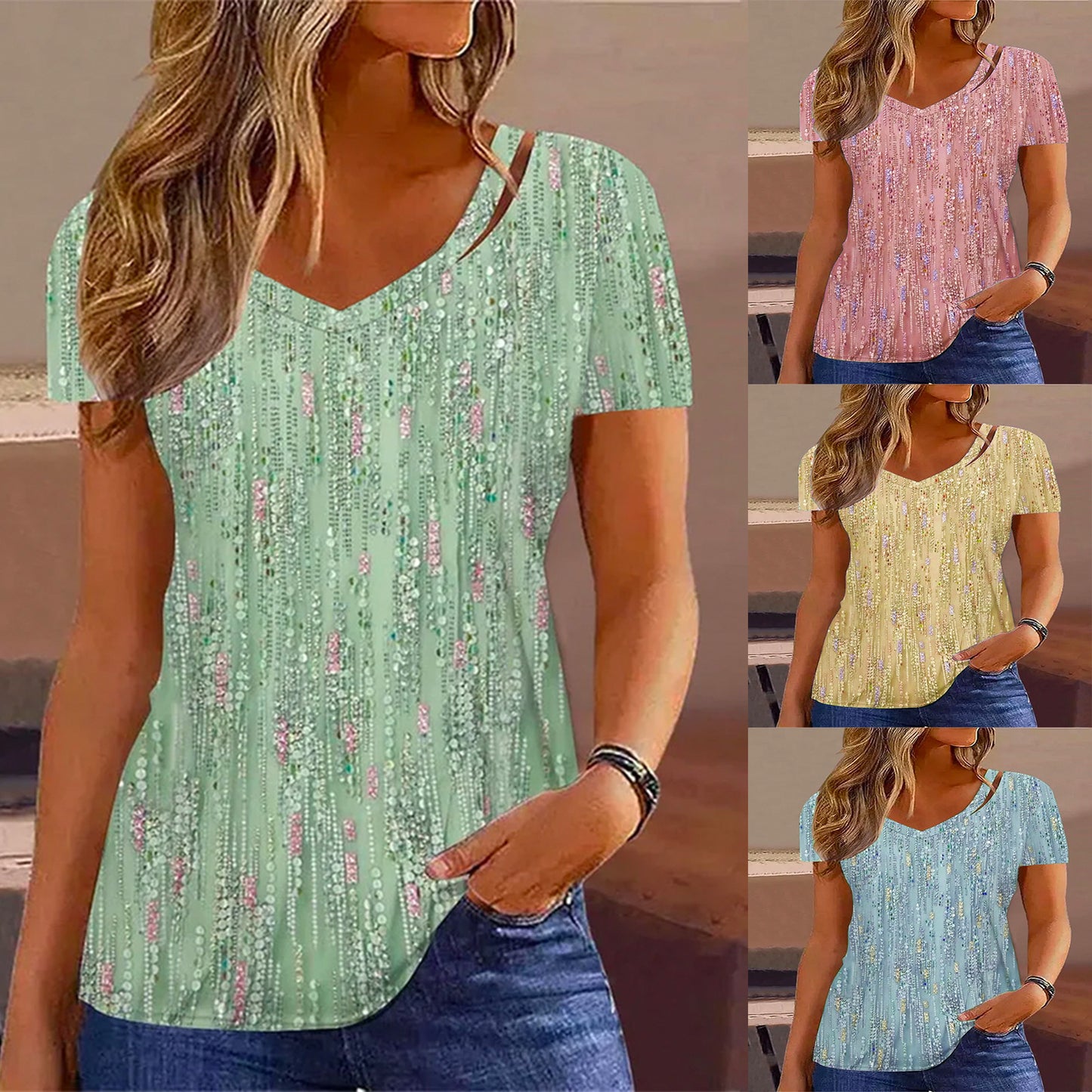 Damen V-Ausschnitt T-Shirt mit Glitzer-Detail und lockerer Passform Stalluxe