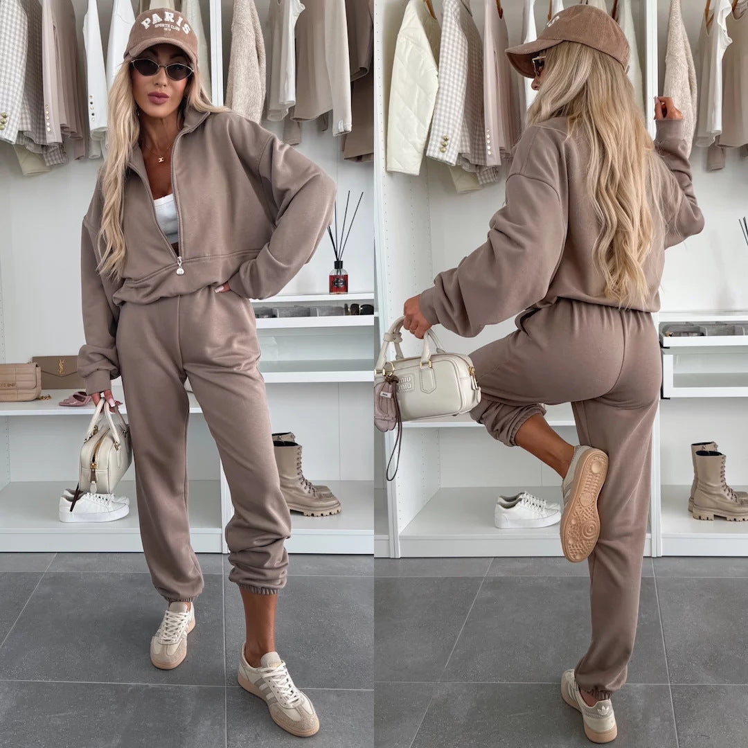Damen sportliches Fleece-Set mit halbem Reißverschluss und elastischem Bund Stalluxe
