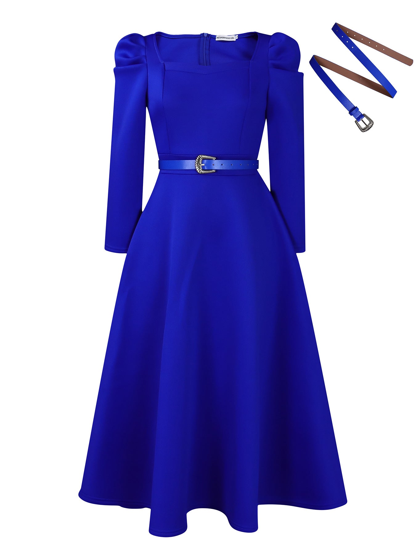 Damen Midikleid mit eleganten Puffärmeln und Gürtel Stalluxe