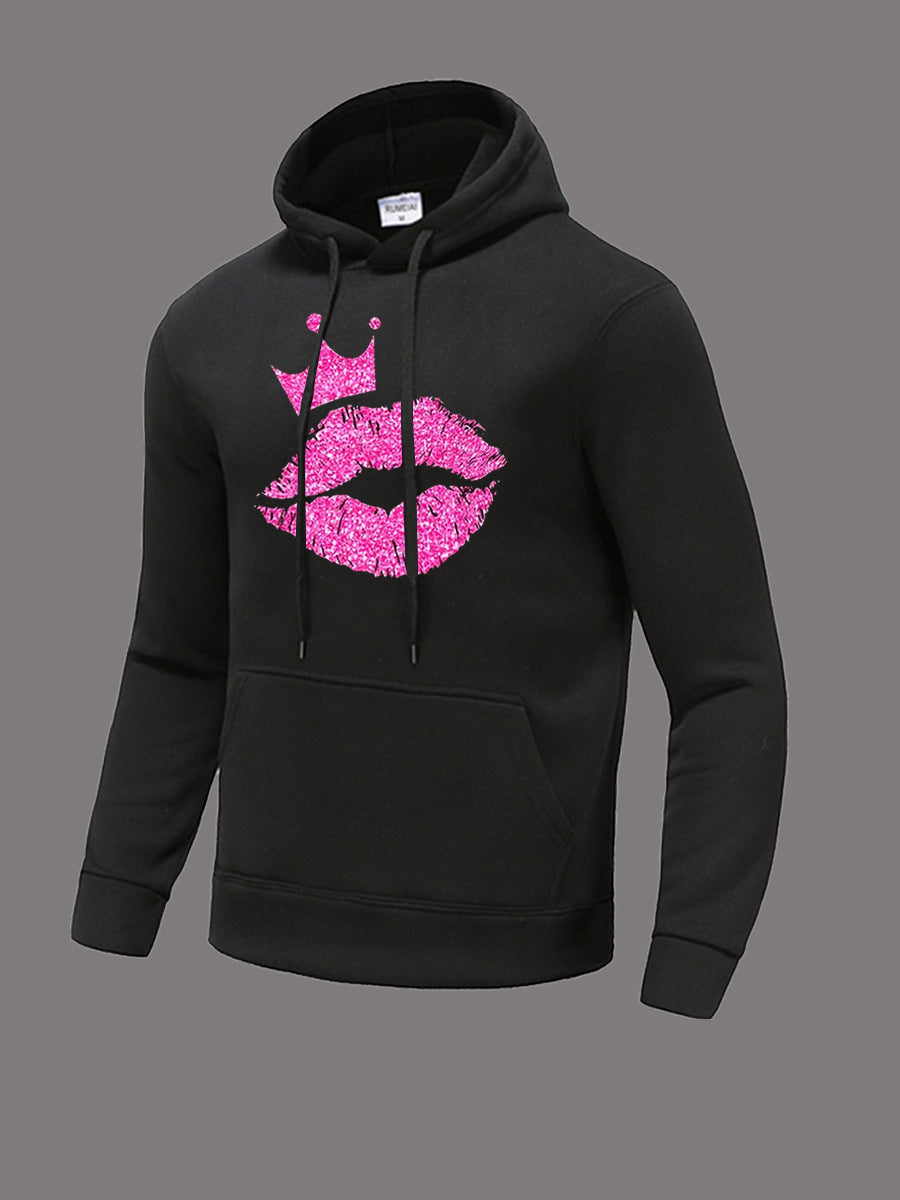 Damen Kapuzensweatshirt mit auffälligem Lippenmotiv und Krone Stalluxe