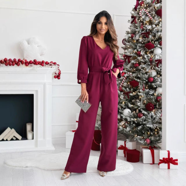 Damen Elegant geschnittenes Jumpsuit mit Taillengürtel und langen Ärmeln Stalluxe