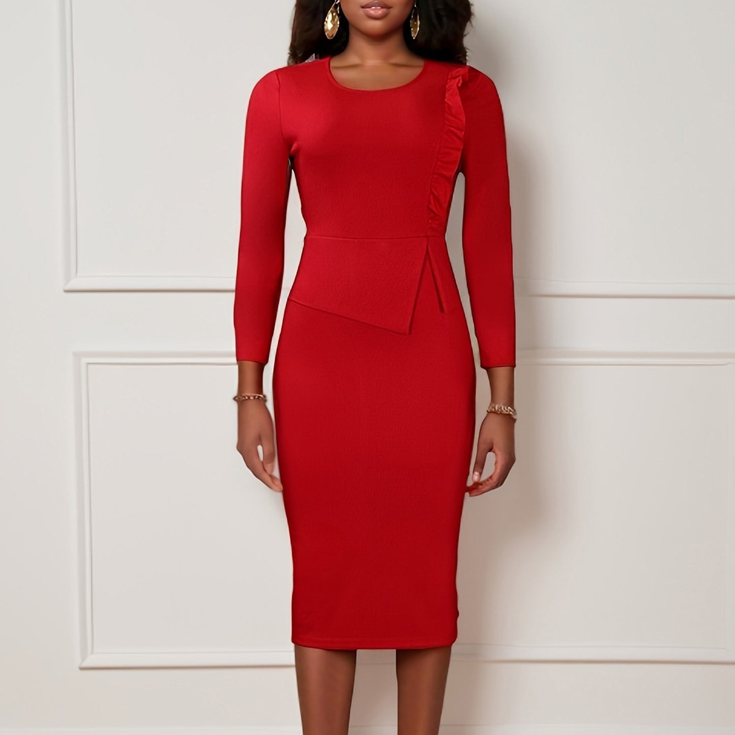 Damen figurbetontes Kleid mit langen Ärmeln und Raffung Stalluxe