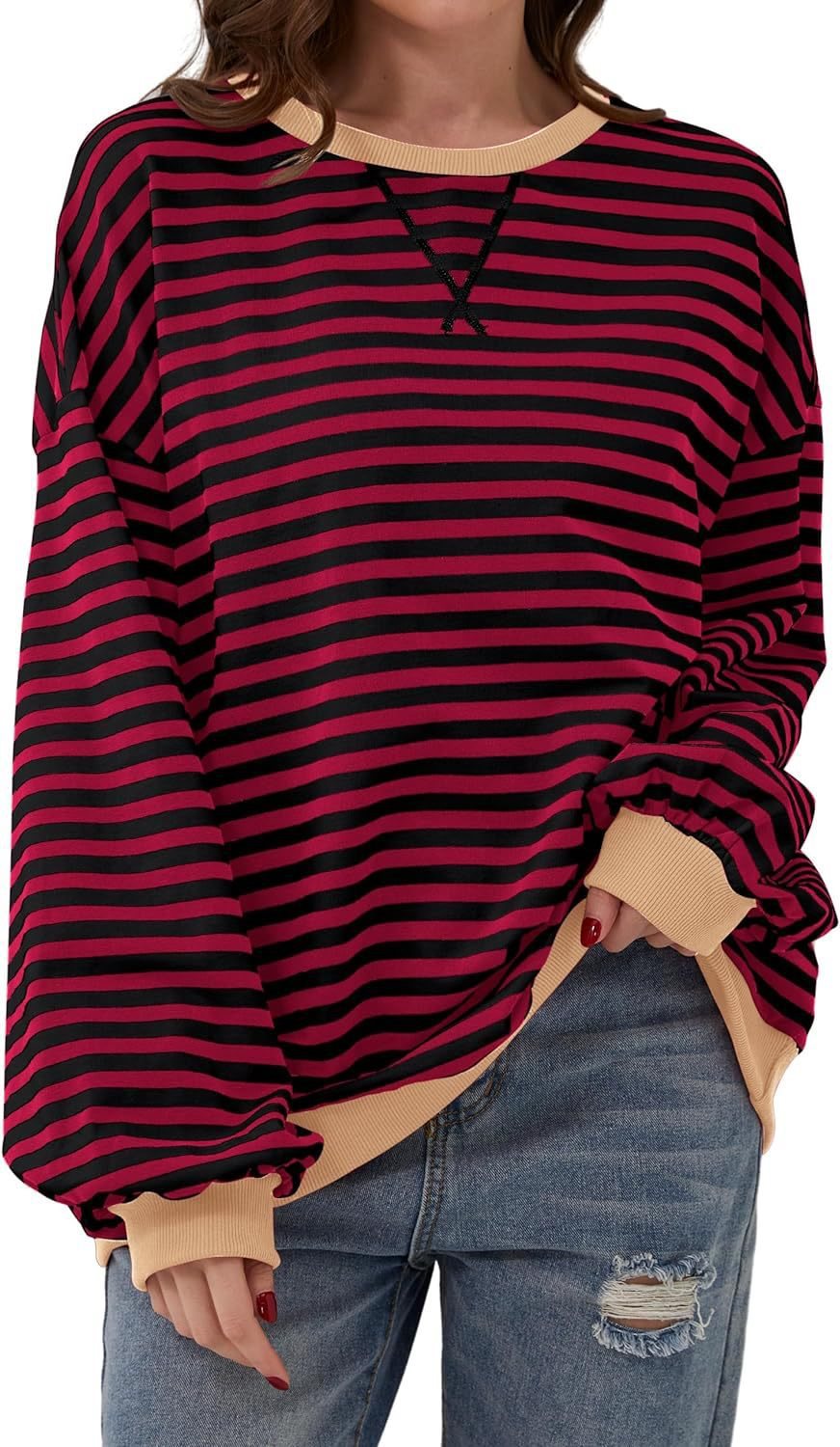 Damen lässiger Sweater mit auffälligem Streifenmuster und elastischen Bündchen Stalluxe