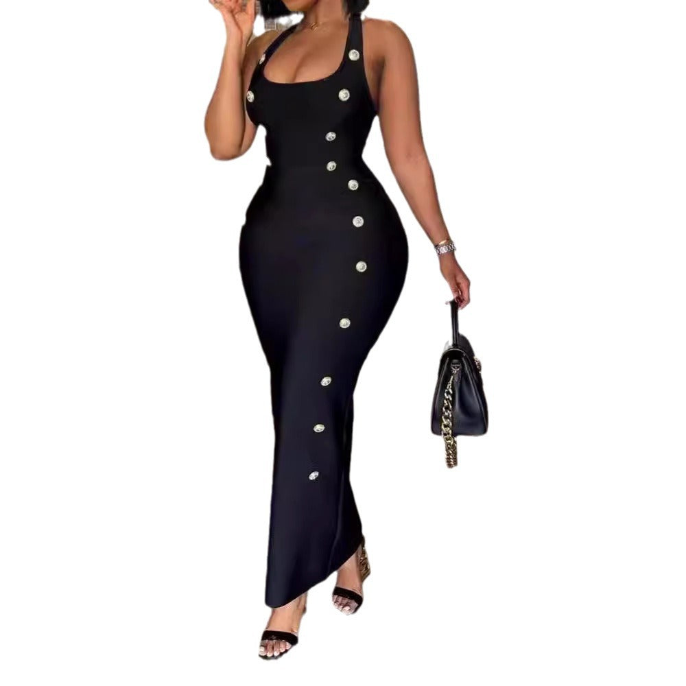 Damen Langarm Maxikleid mit knöpfbarem Ausschnitt und figurbetontem Schnitt Stalluxe